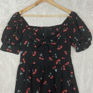 Skue Cherry Fruit Print Mini Dress Large Black Puff Sleeve Babydoll Coquette